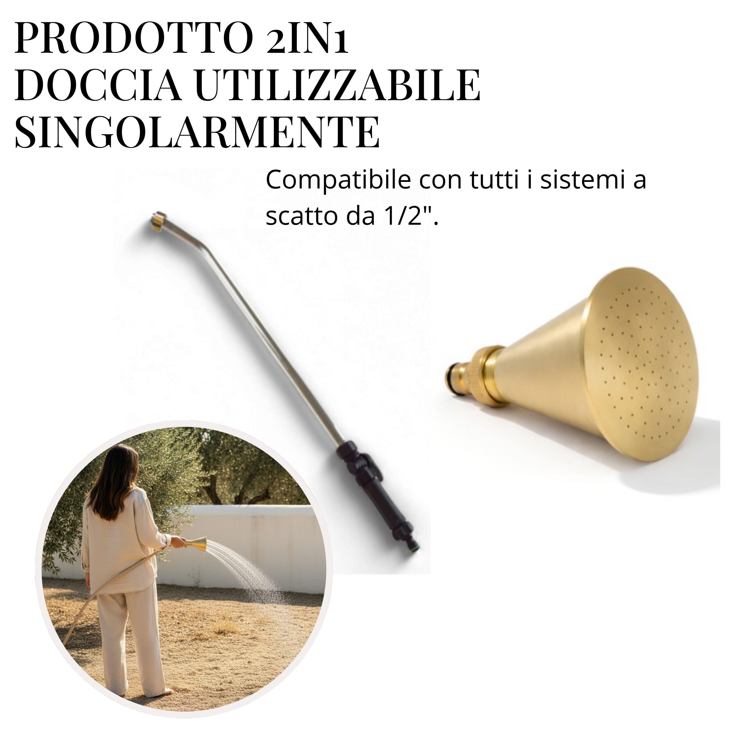 LIVLIG - Asta per irrigazione in metallo, professionale, made in Italy, asta lunga per giardino e balcone, interruttore on/off e doccetta da giardino rimovibile, sistema di irrigazione a scatto da 1/2