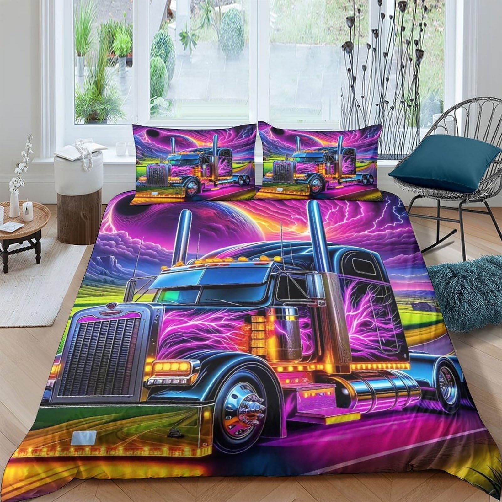 Housse de couette 3D voitures camion de fret parure de lit 3 pièces 200x200
