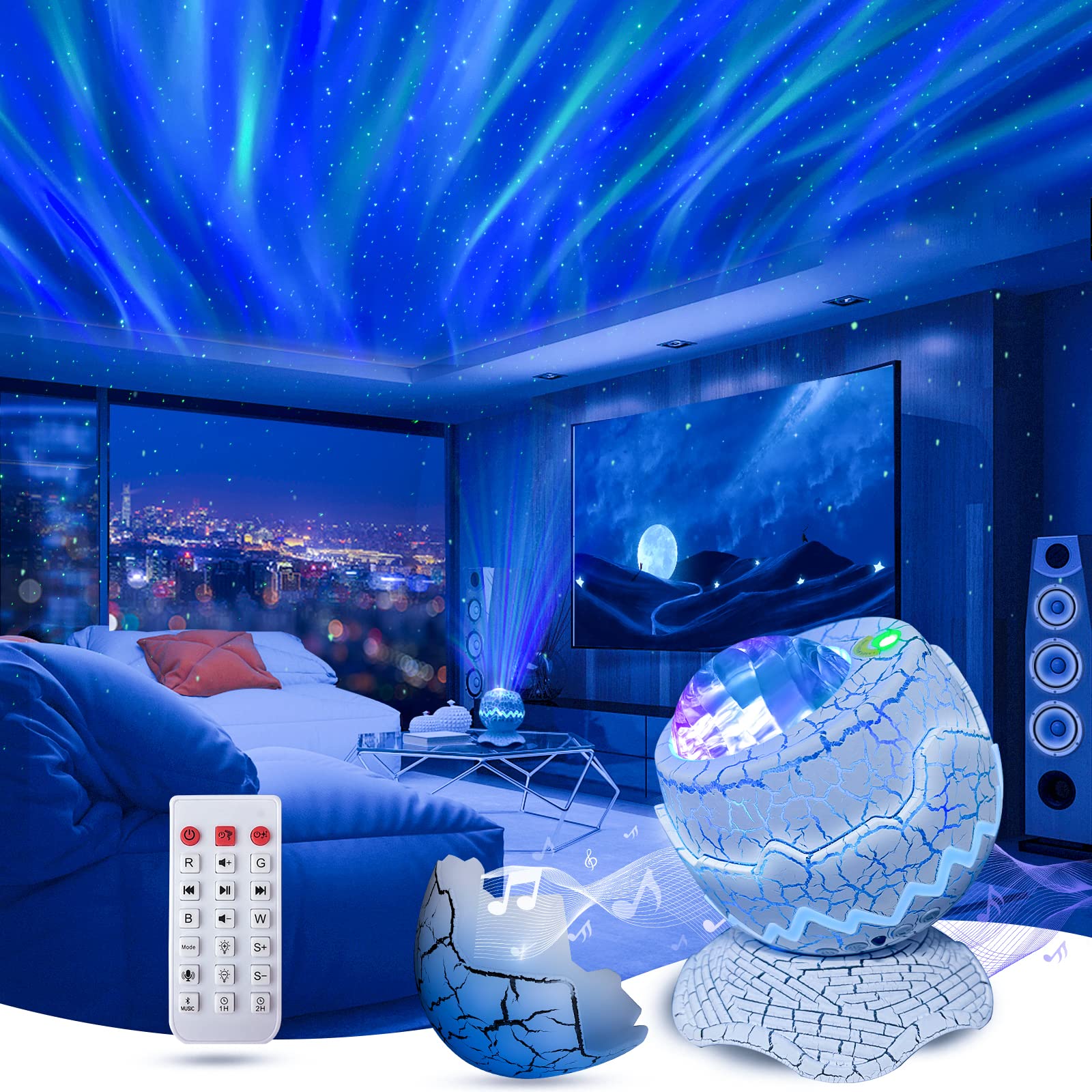 Star Galaxy Projector for Bedroom, Dinosaur Egg Aurora Projector with Bluetooth Speaker White Noise & Remote Control, Night Light Projector for Kids/Party/Home Decor/Gift