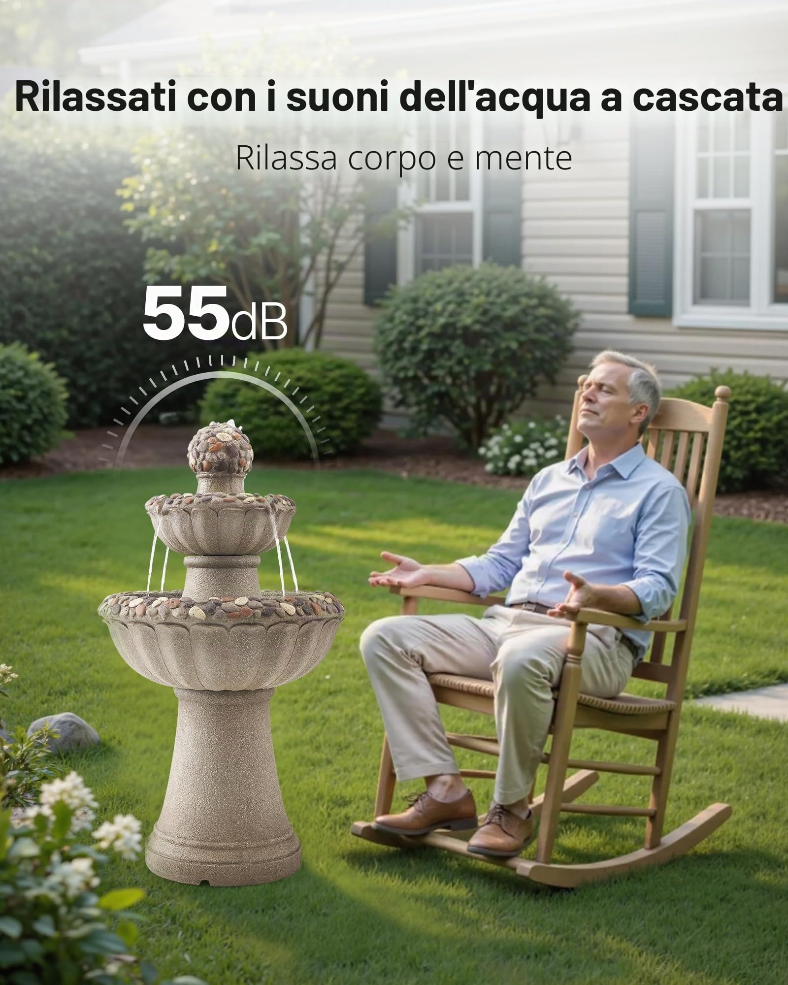 VEVOR Fontana da Esterno, Fontana e Cascata da 480 x 480 x 927 mm, Fontane in Fibra di Vetro e Resina a 2 Livelli con Base in Roccia da Pavimento e Pompa, per Esterni, Interni, Giardino, Casa