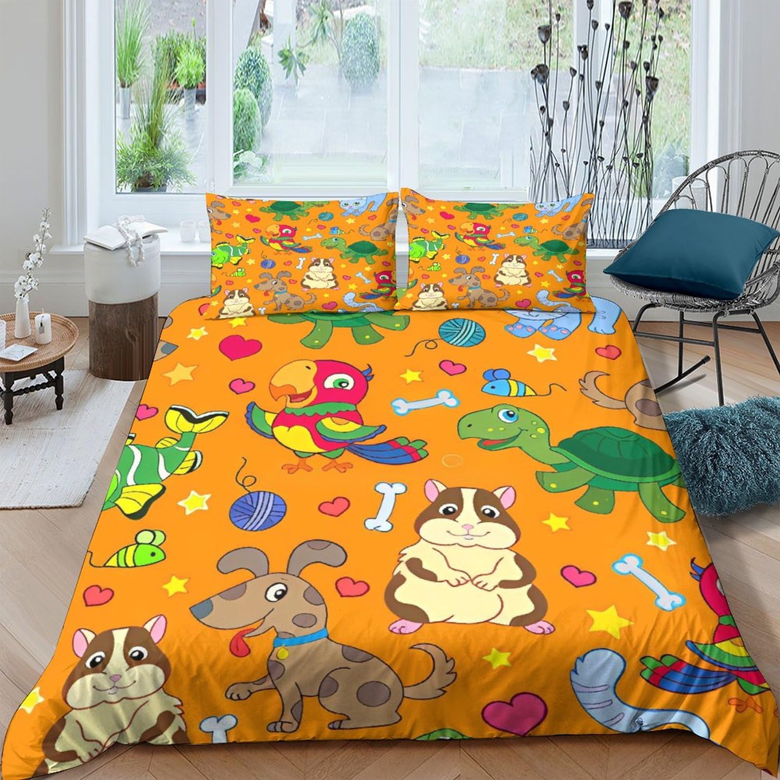 Housse de couette tortue perroquet microfibre anti-plis parure zippée 200x200
