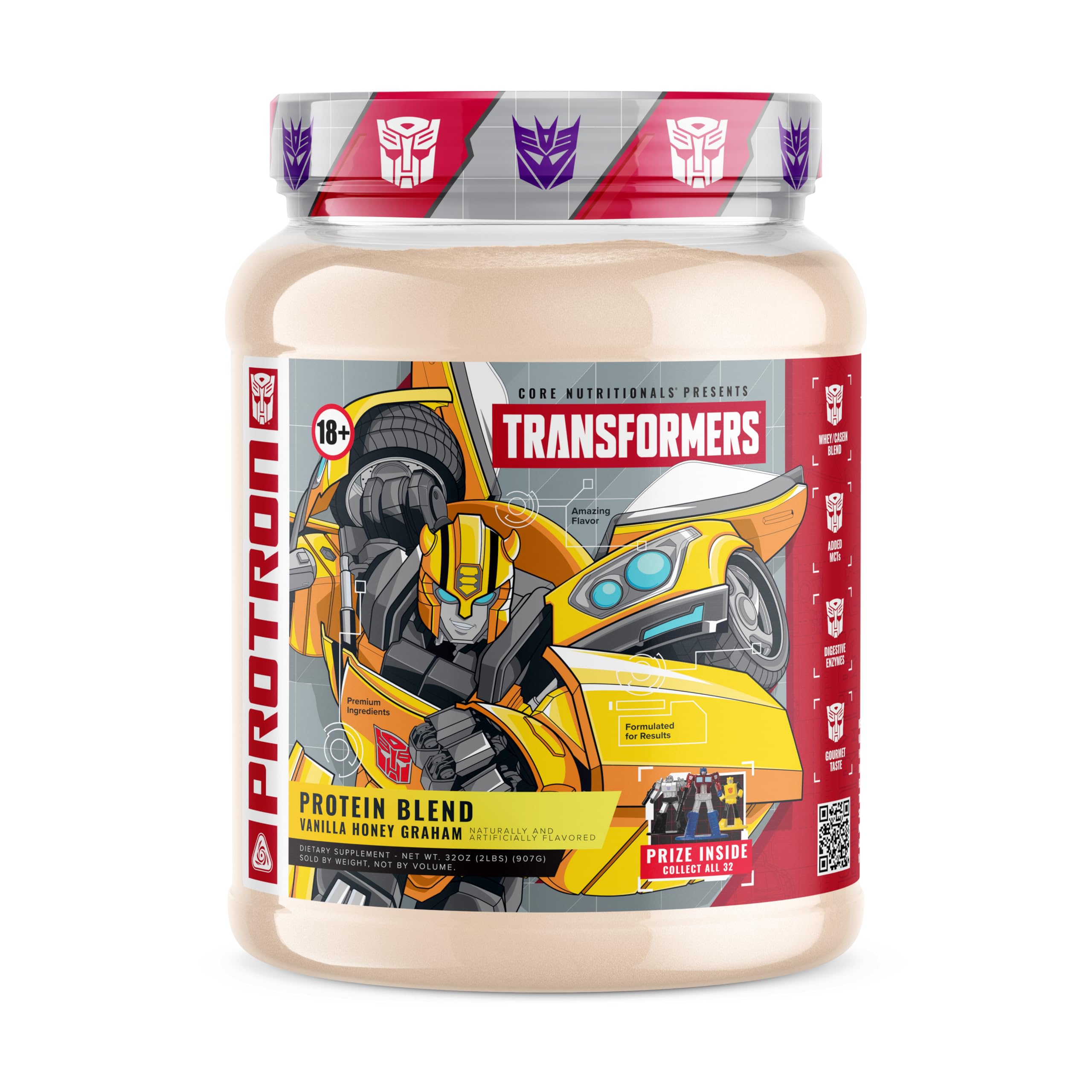 Core Nutritionals Transformers Protron Protein | Whey + Casein Blend | MCTs & Digestive Enzymes | 25g Protein | Free Prize Inside - Bumblebee | 2 Pound (Honey Vanilla Graham)