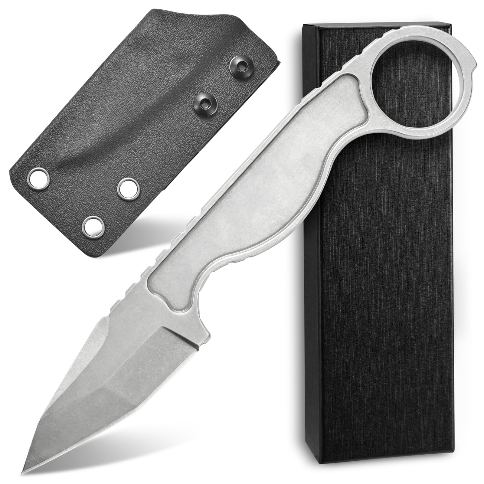 Ccanku C1101 D2 Steel Fixed Blade Knife, Stainless Steel Handle Claw Knife with Kydex Sheath for Outdoor Hunting, Survival and EDC Tool (Silver)