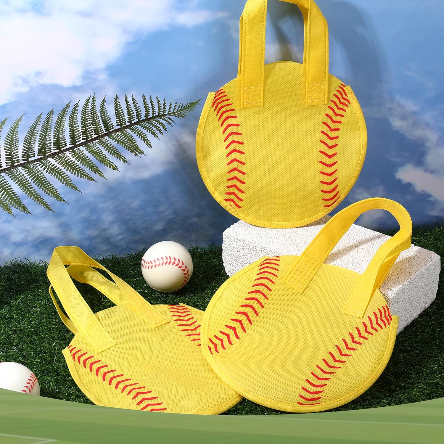 24 Pcs Softball Goodie Bags, Softball Party Favor Bags Non Woven Sports Ball Themed Candy Treat Bags with Handles, Reusable Goodie Gift Bag for Fans Game Day Team Celebrations Tailgate Party Supplies