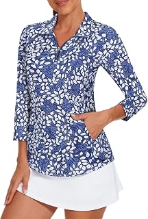 3/4 Sleeve Womens Golf Shirts Quick Dry Quarter Zip Workout Tennis Polo Tops with Pocket