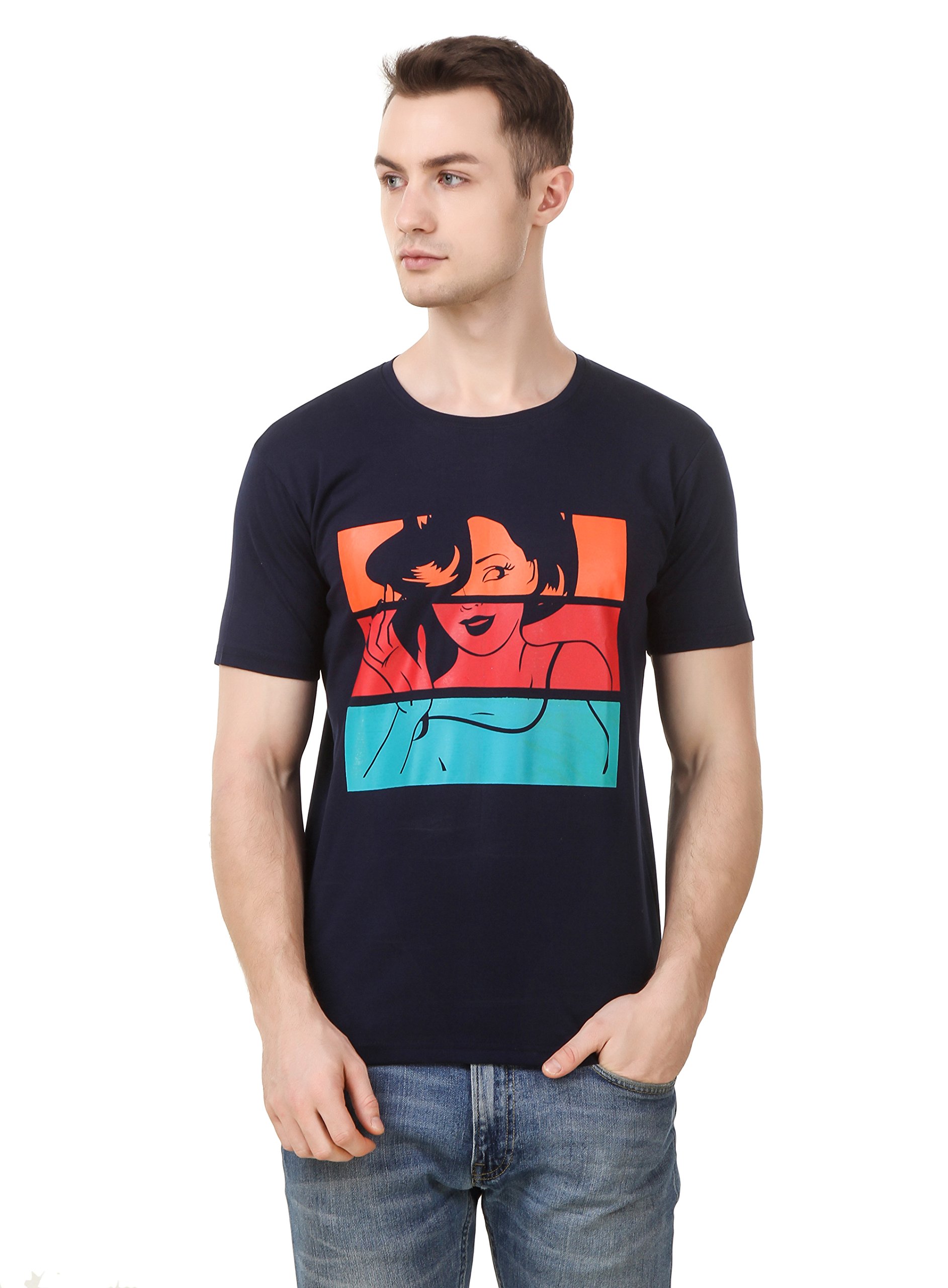 KeshuMen's Half Sleeves Round Neck T-Shirt (Small) Navy Blue