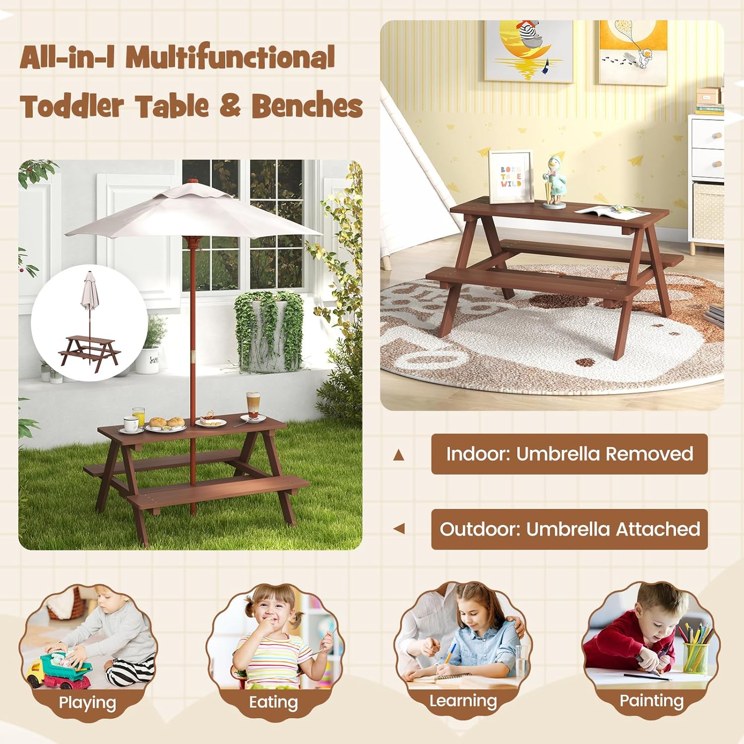 KOTEK Kids Picnic Table with Umbrella Foldable, Wooden Kids Table & Benches for Crafting, Eating & Playing, Outdoor Toddler Activity Table for Backyard, Patio, Garden, Gift for Ages 3-8 (Brown)