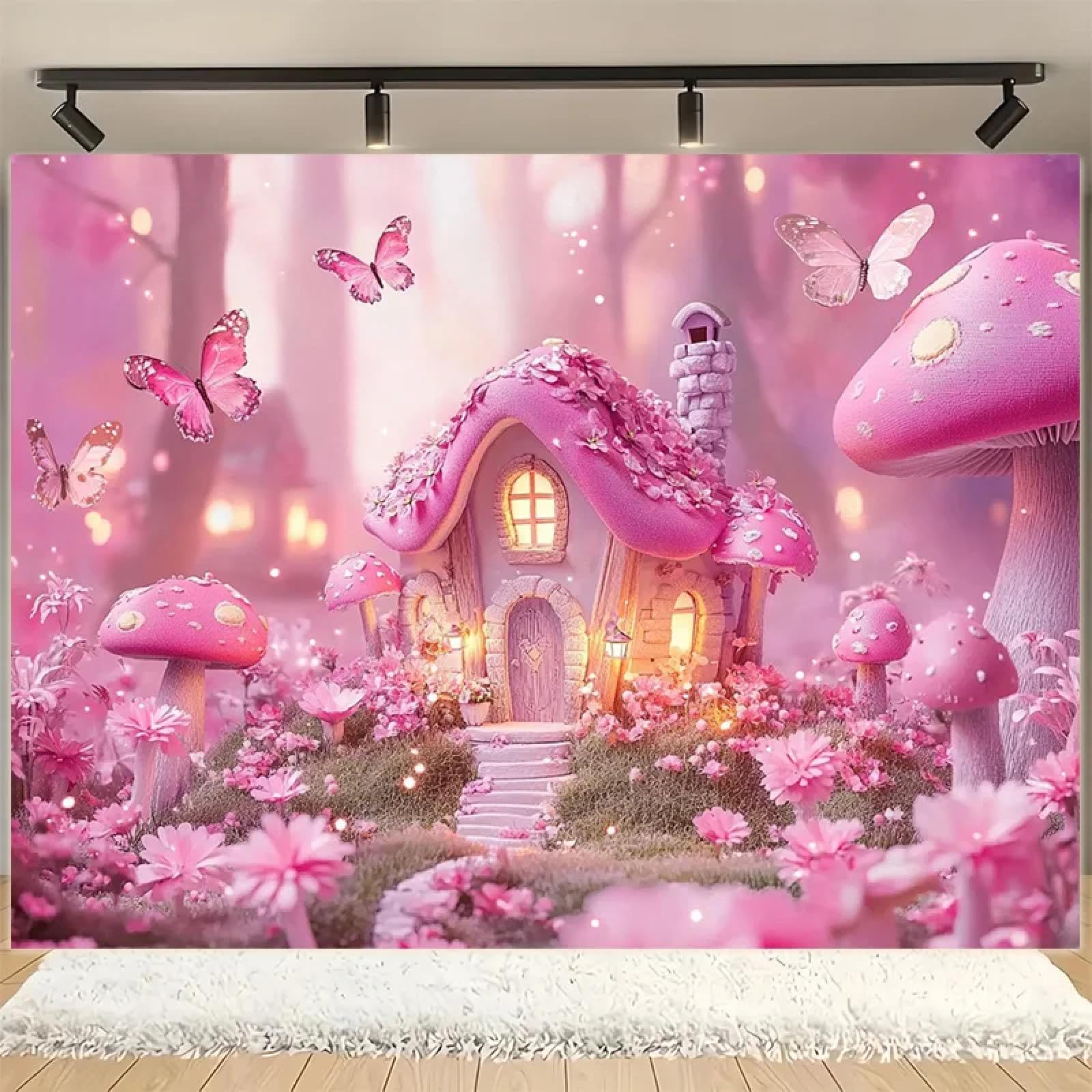 1pcs Tela mágica de Fondo Cuento Hadas-Casa Hongos y diseño Mariposa Flores No se Requiere energía