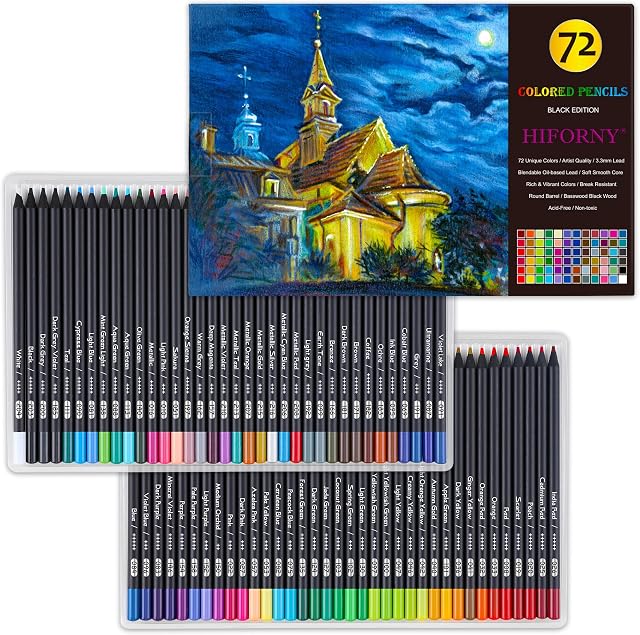 HIFORNY Premium Black Edition Pencil Crayons for Adult Coloring – 72 Colored Pencils with Smooth Pigments,Artists Soft Core,Drawing Pencils Art Supplies for Adults Beginners
