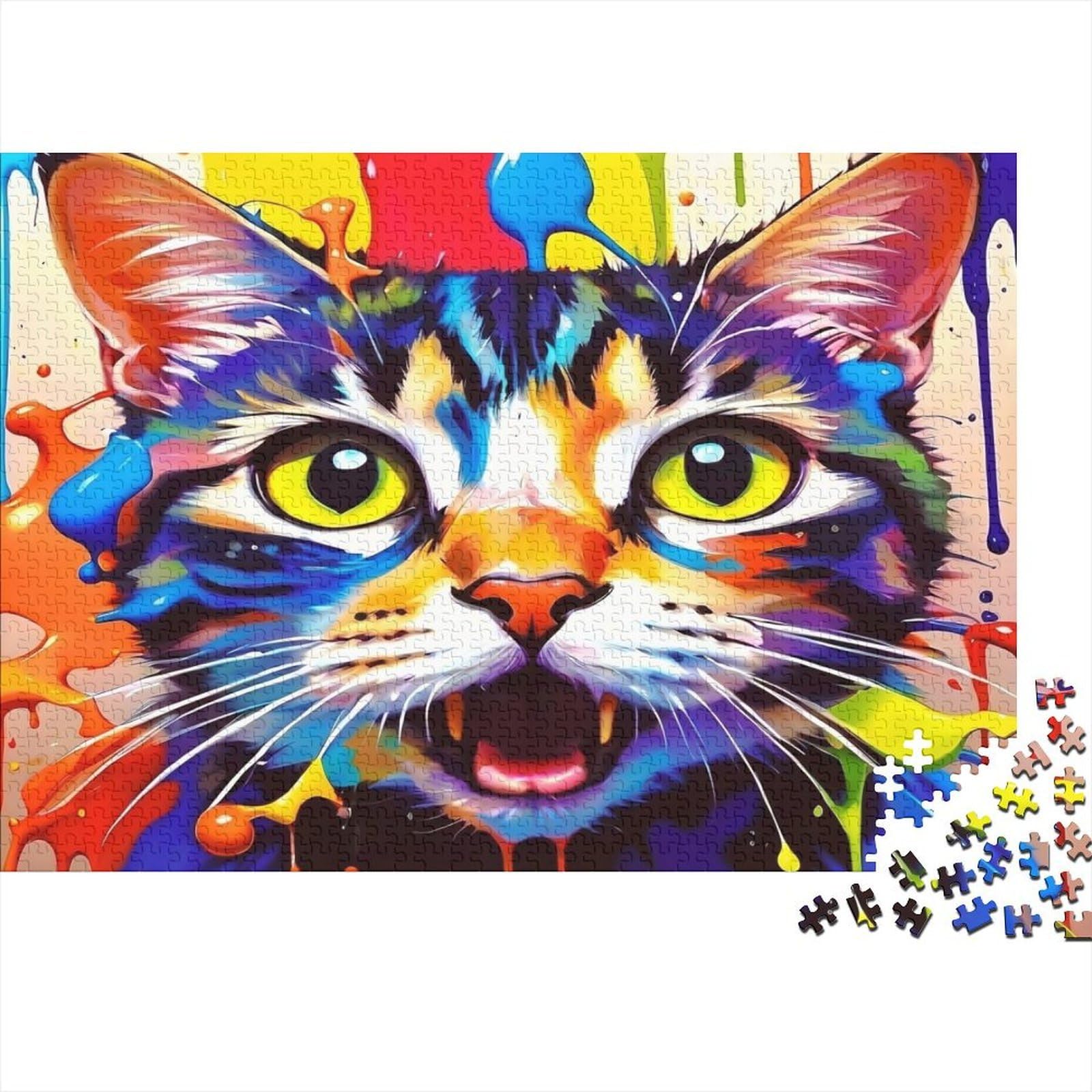 Colourful Cat Painting 1000-Piece Colourful Cat Mouth Recycled Cardboard Jigsaw For Adults Educational Game Decompression Relaxation Creativity Gift 52x38cm