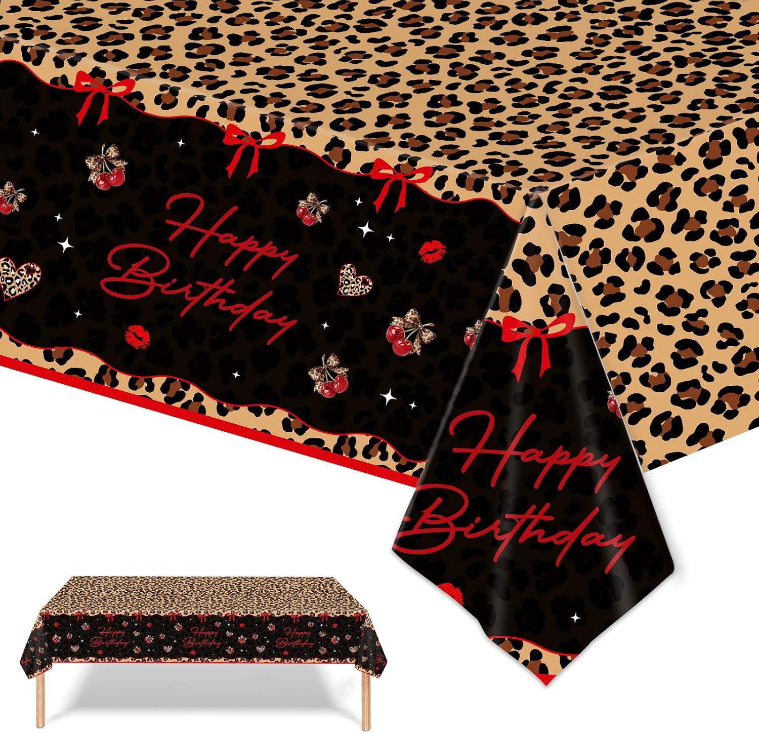 2 Pieces Cheetah and Cherry Birthday Tablecloths, 54 x 108 Red and Black Leopard Print Party Tablecloth Disposable Plastic Table Cover for Bridal Shower Girls Birthday Party Supplies
