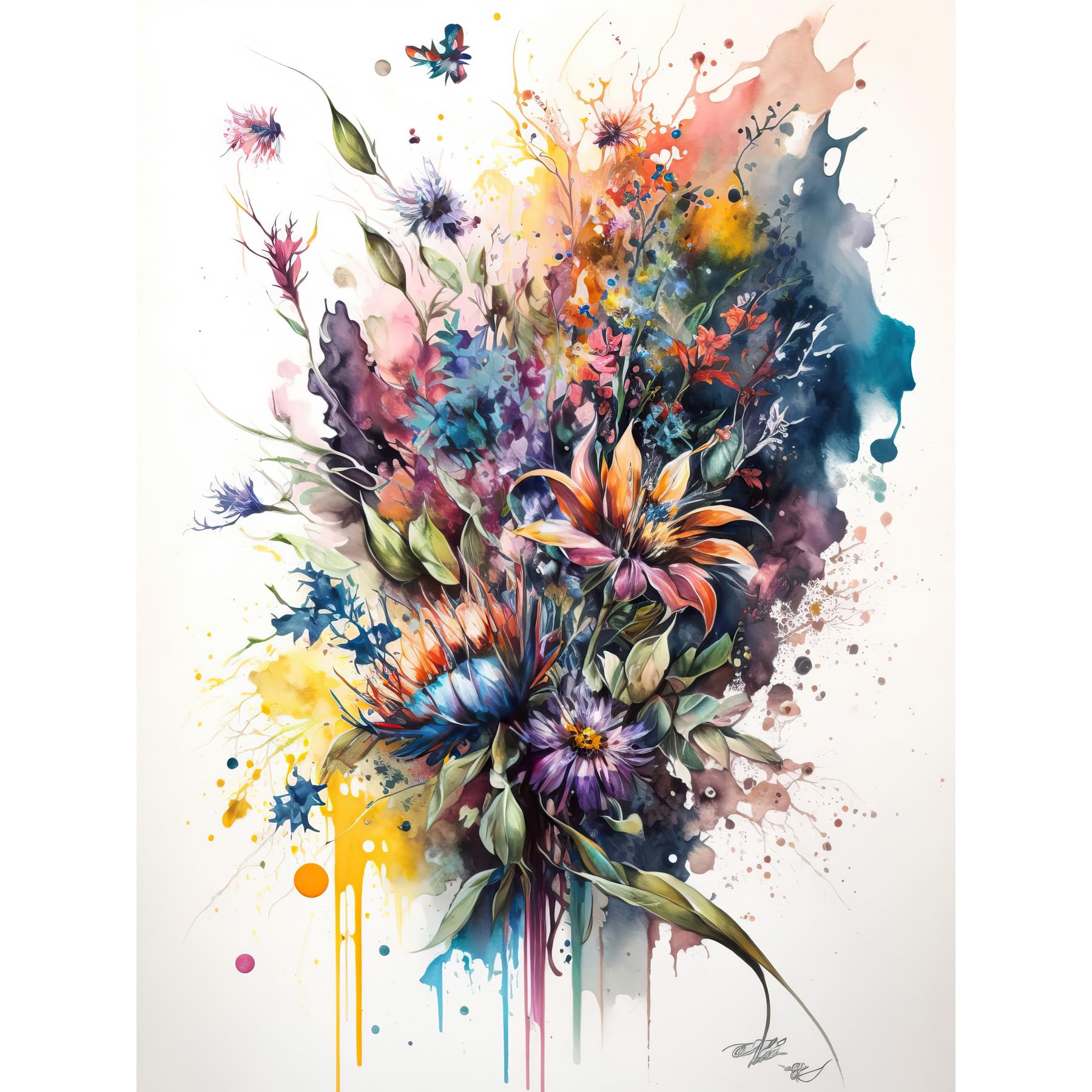 Artery8 Flower Bouquet Illustration over Watercolour Splat Large Wall Art Poster Print Thick Paper 18X24 Inch