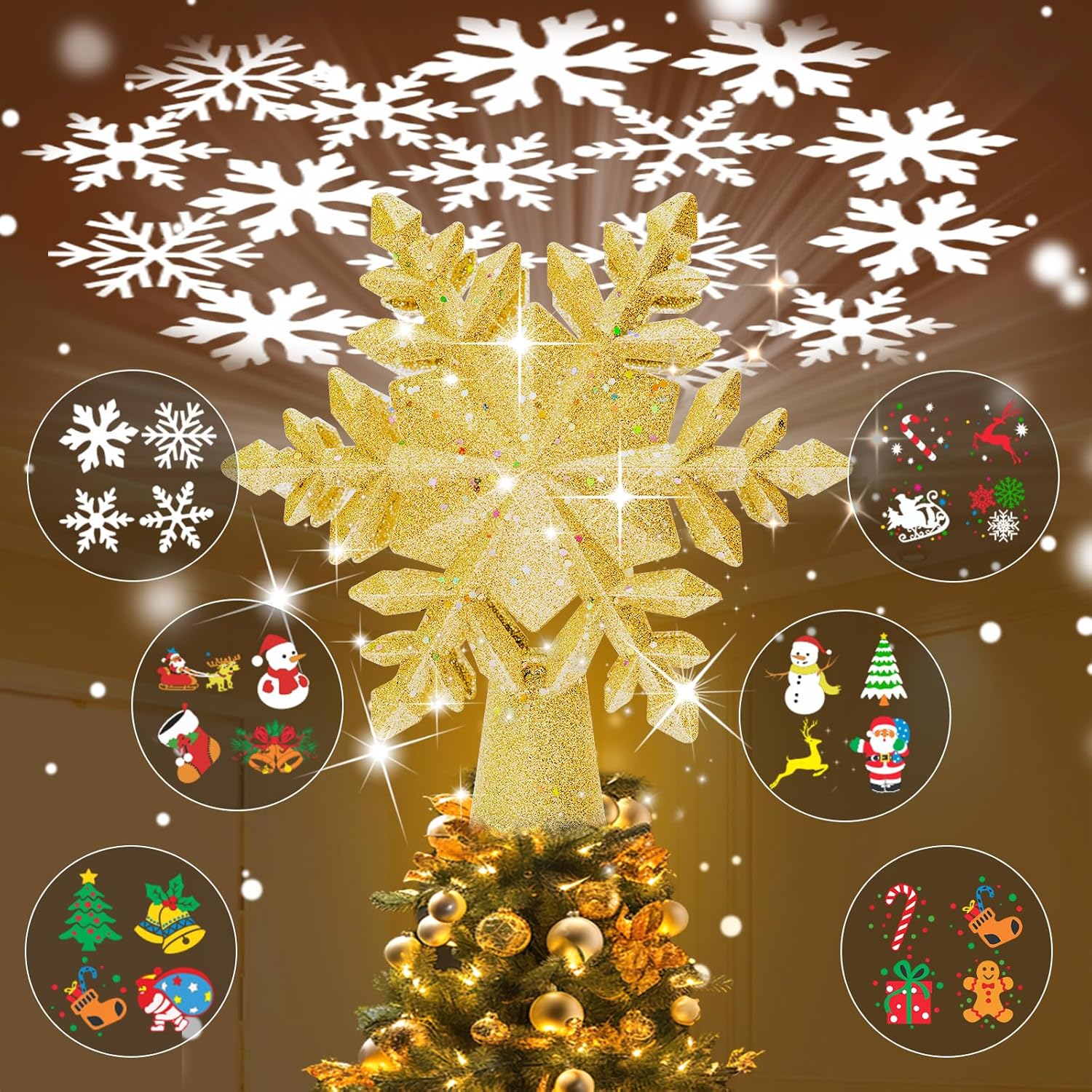 Christmas Tree Toppers Lighted with 6 Projection Modes, Christmas Snowflake Tree Topper with Built-in LED Rotating Lights, Gold 3D Glitter Projection for Xmas Party Holiday Decorations Golden Snowflake