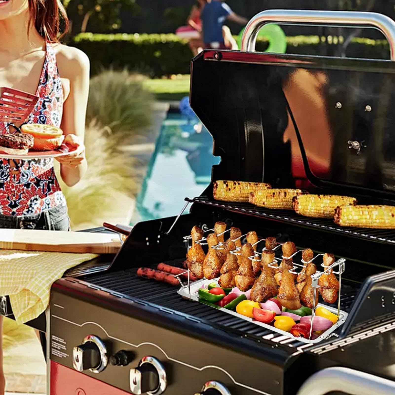 Parrilla para Pollo, Soporte de Acero Inoxidable con 14 Ranuras para Muslos de Pollo, Ideal para barbacoas, picnics, acampadas, Cocina y hogar cocinar al Aire Libre y Fiestas en el Jar