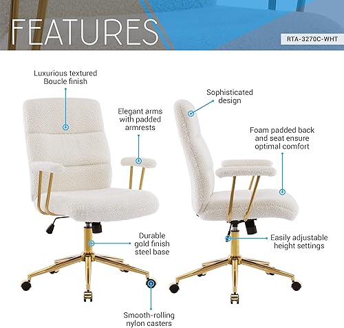 Miniatura 4 de Elegante silla de oficina mullida blanca y dorada con tela texturizada Boucle, moderna silla de escritorio con asiento acolchado, altura ajustable