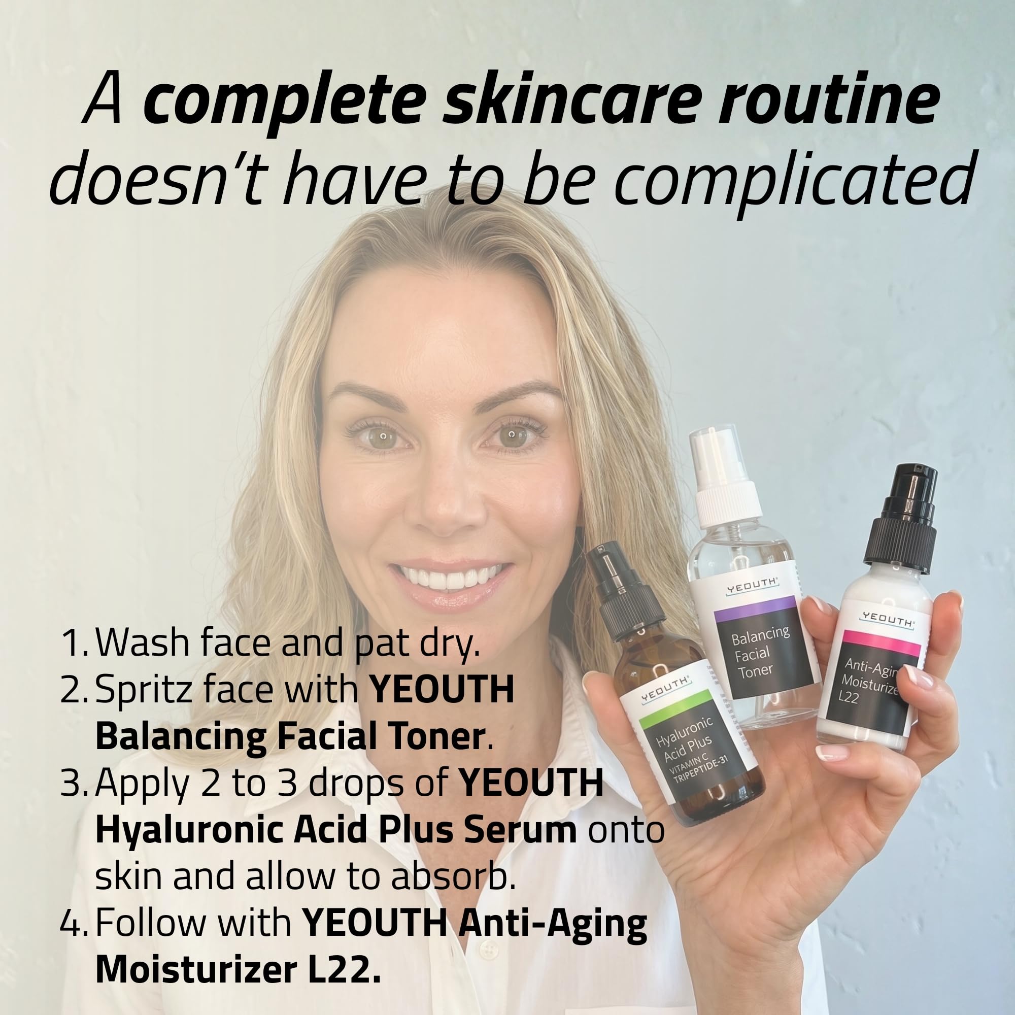 Essentials Anti Aging Skin Care für das Gesicht, Gesichtswasser, Hyaluronic Acid Face Serum, Gesichtscreme, Anti Aging Gesichtspflege für Damen & Männer von YEOUTH 3 x 30ml Set