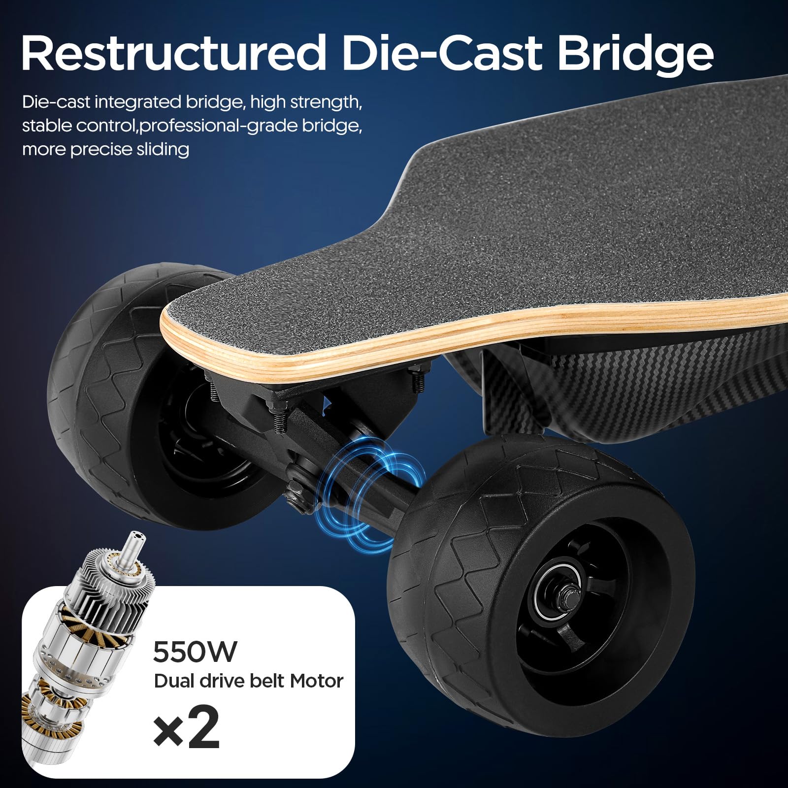 Skateboard Elettrico ad Alte Prestazioni | Doppio Motore da 550W | Velocità Massima di 45 km/h | Autonomia di 30 km | Telecomando | Ideale per Percorsi Stradali