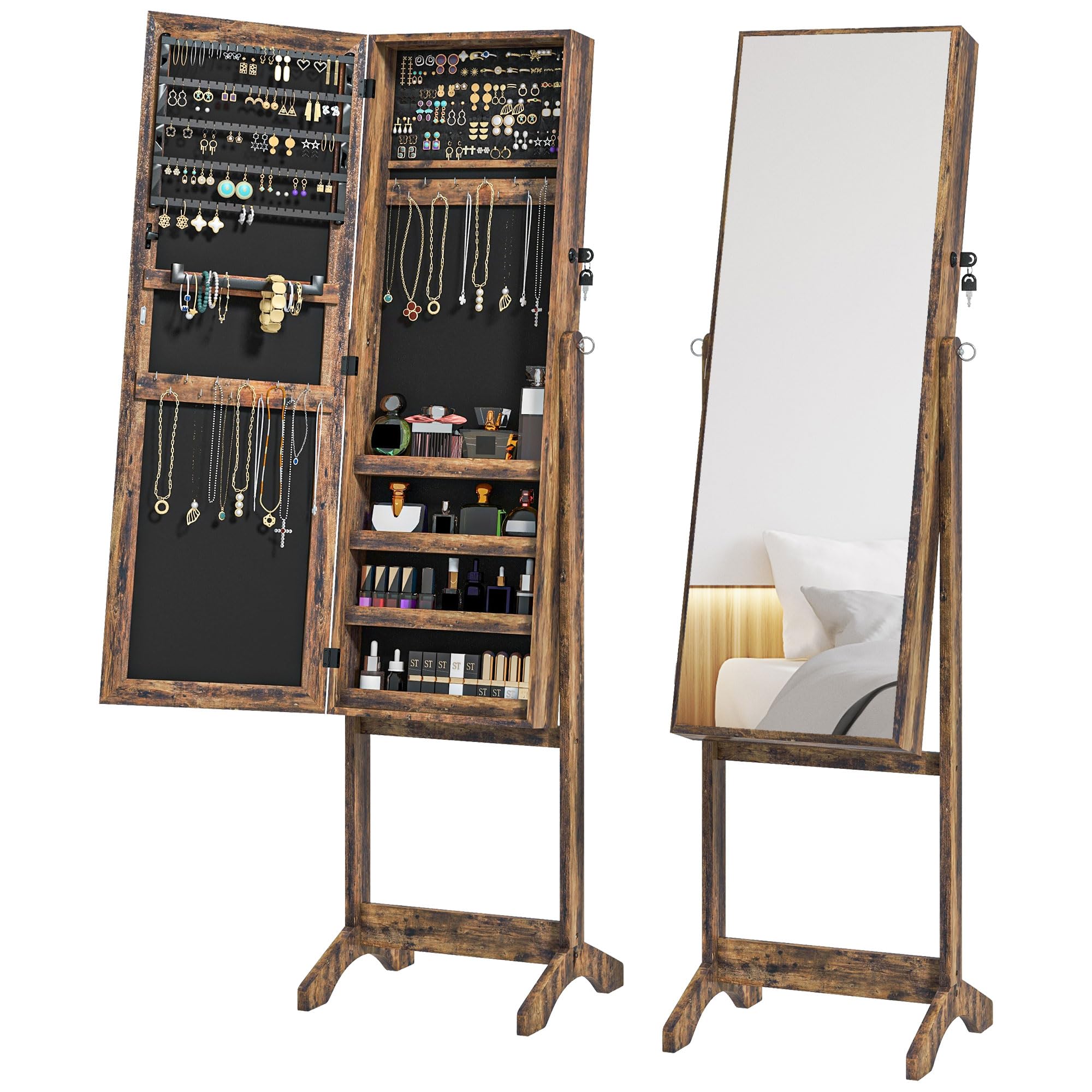 HOMCOM HOMCOM Espejo Joyero de Pie Armario de Joyería con 3 Ángulos Ajustables Cerradura Magnética Organizador de Joyas con Estantes Ranuras para Pendientes Anillos Collares 46x36,5x151,5 cm Marrón Rústico