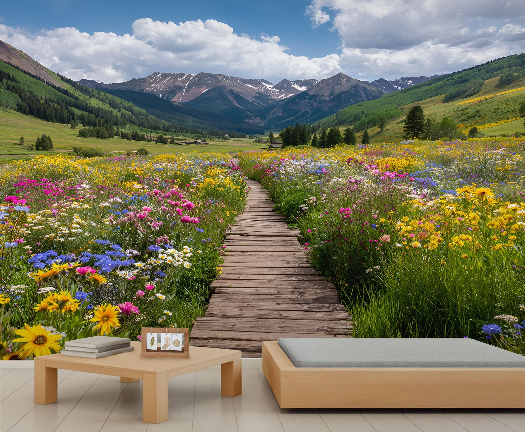 Grassland Landscape Wallpaper Colorful Wildflowers Mural Mountains Girl Wallpaper for Living Room Bedroom Mural Poster 280X200cm