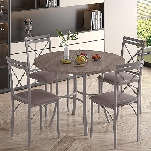 Miniatura 7 de VECELO juego de mesa de comedor de 5 piezas para 4, mesa de desayunador de grano de madera con sillas para cocina, rincón de desayuno, espacio Gris