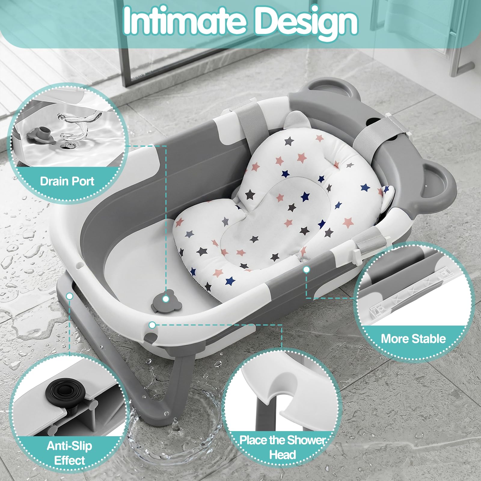 Highbird Foldable Baby Bathtub, Portable Folding Baby Bathtub for Newborn and Travel, with Bath Pillow Included, Comfortable, Safe, Non-Slip – Grey - 2