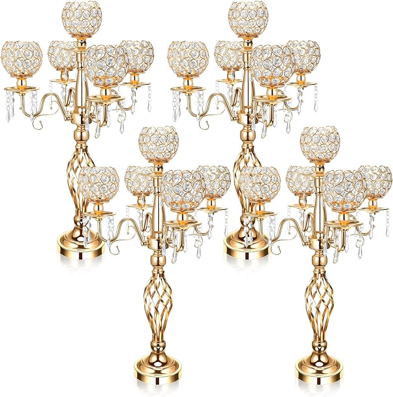 Nitial 4 Pcs 5 Arm Crystal Candelabra Centerpiece for Table 27 Inch, Gold