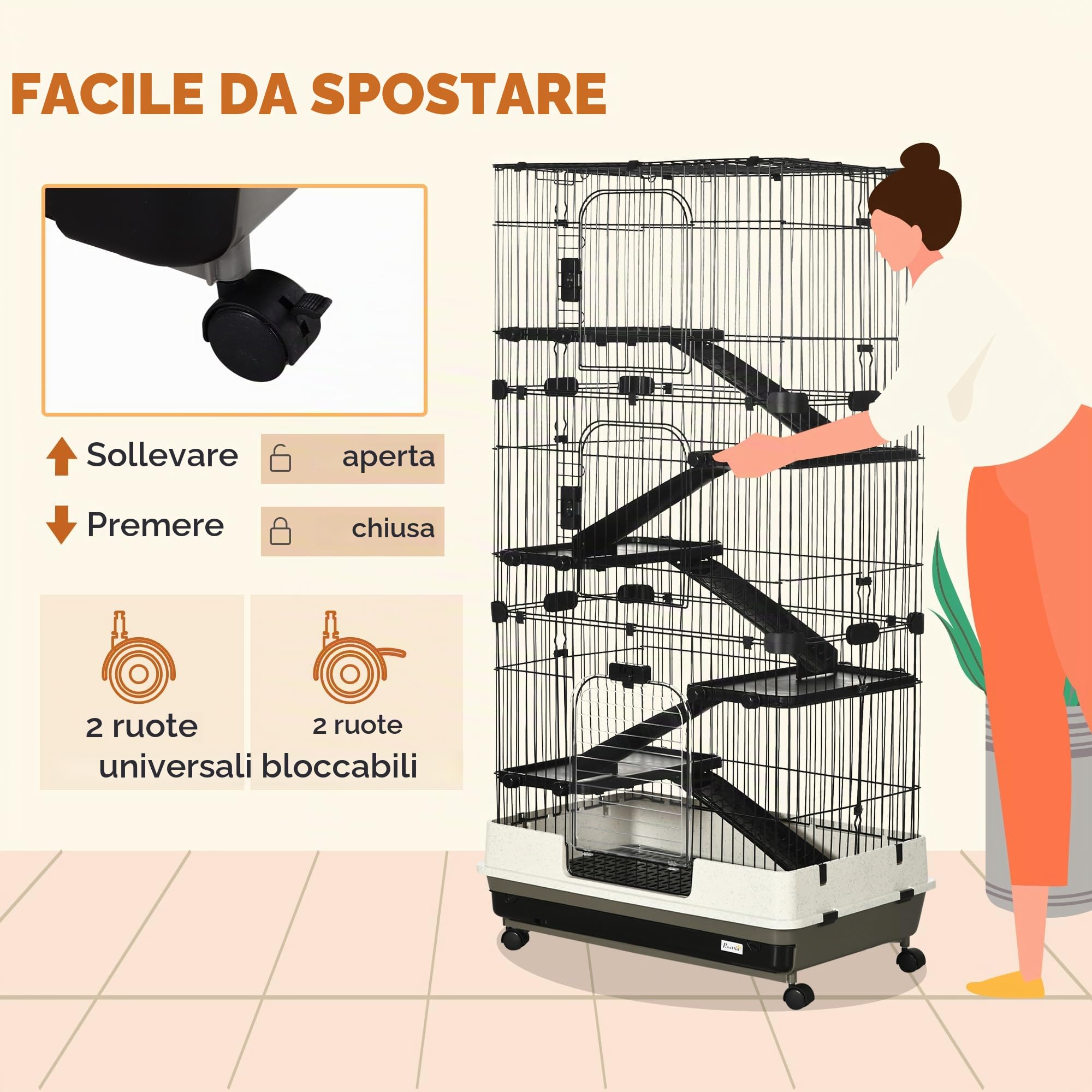 PawHut Gabbia per Piccoli Animali a 6 Livelli con Ruote per Conigli Nero