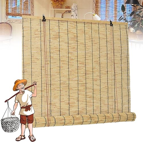 Miniatura 8 de Persianas de bambú enrollables para exteriores, persianas retro con elevador, para privacidad en interiores y exteriores, 59 x 63 pulgadas