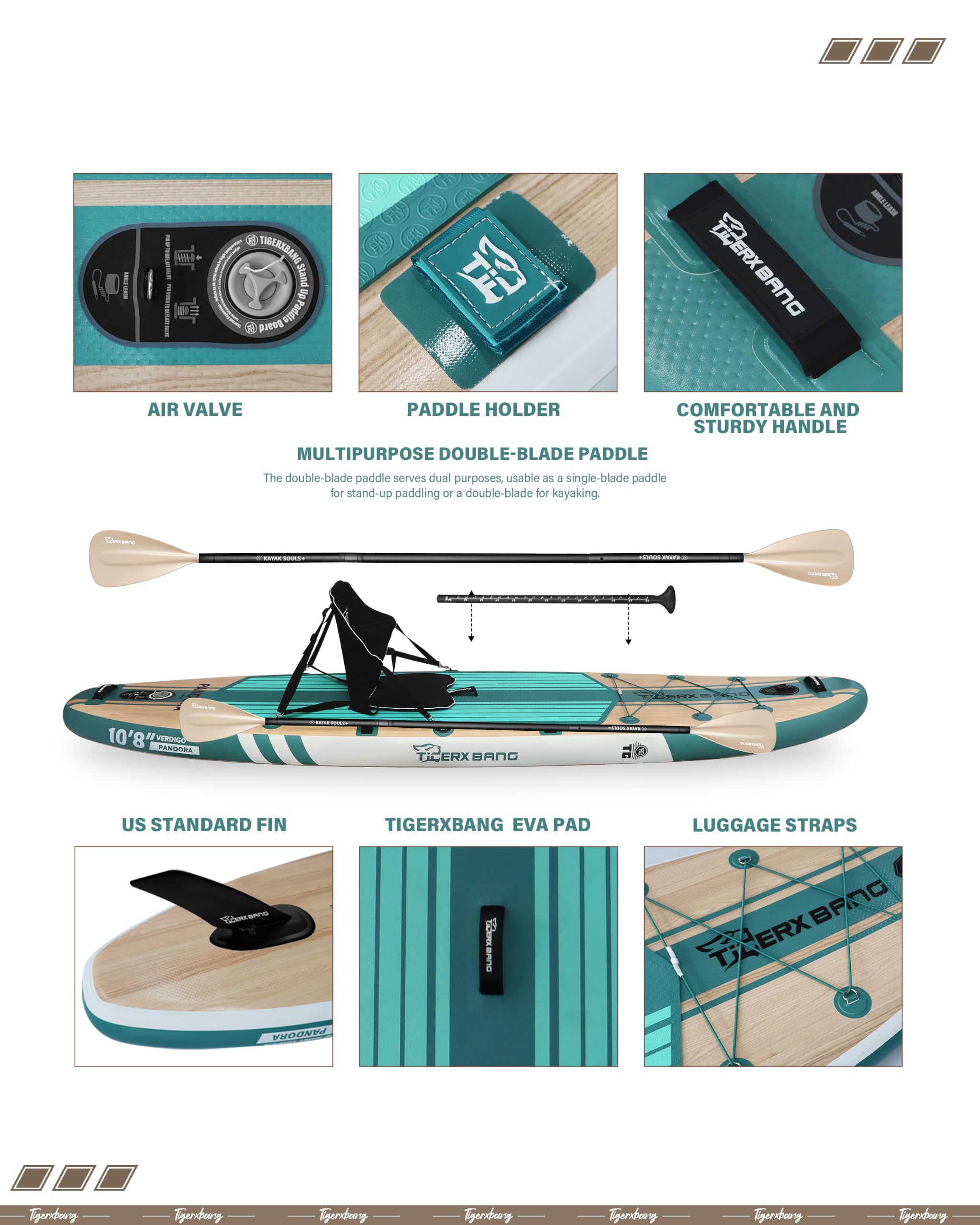 TIGERXBANG Tabla de surf hinchable de 330 x 86 x 15 cm, juego completo para adultos y jóvenes, iSUP extra ancha con juego de accesorios premium, color verde Pandora