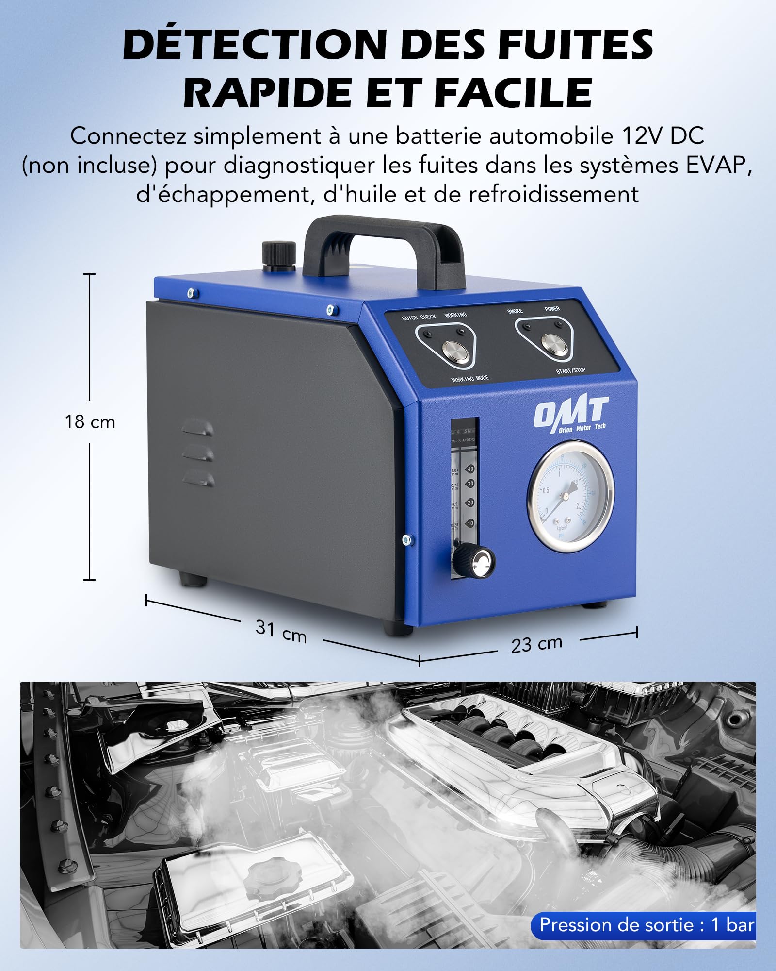 Orion Motor Tech Machine à Fumée EVAP Automobile DC 12V avec Détecteur de Fuites Voiture Détection de Fumée avec Manomètre d'Huile 6 L/Min Débitmètre d'Huile Minérale Airbag & Adaptateurs Cône