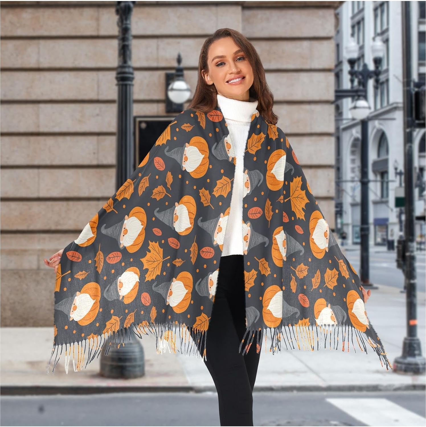 Winter Scarf for Women Fall Orange Leaves Pumpkin and Gnome Fashion Tassel Shawl Wraps for Women, Cold Weather Warm Womens Scarves Soft Long Scarf