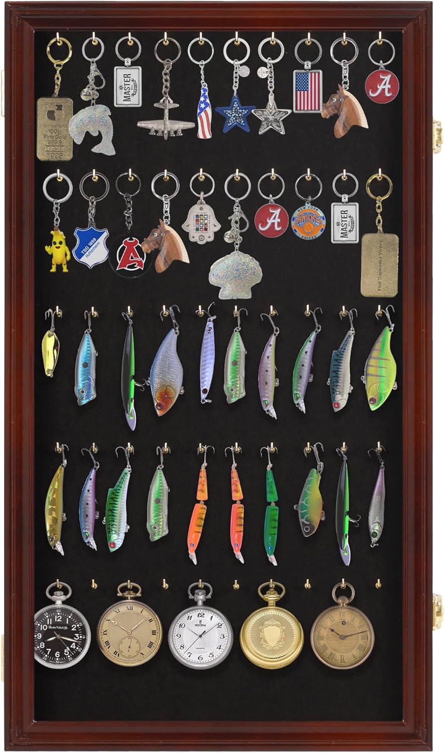 Fishing Lures Keychain Display Case Pocket Watch Wall Cabinet Frame Keyring Golf Bag Tag Luggage Tag Showcase Shadow Box Mahogany Finish