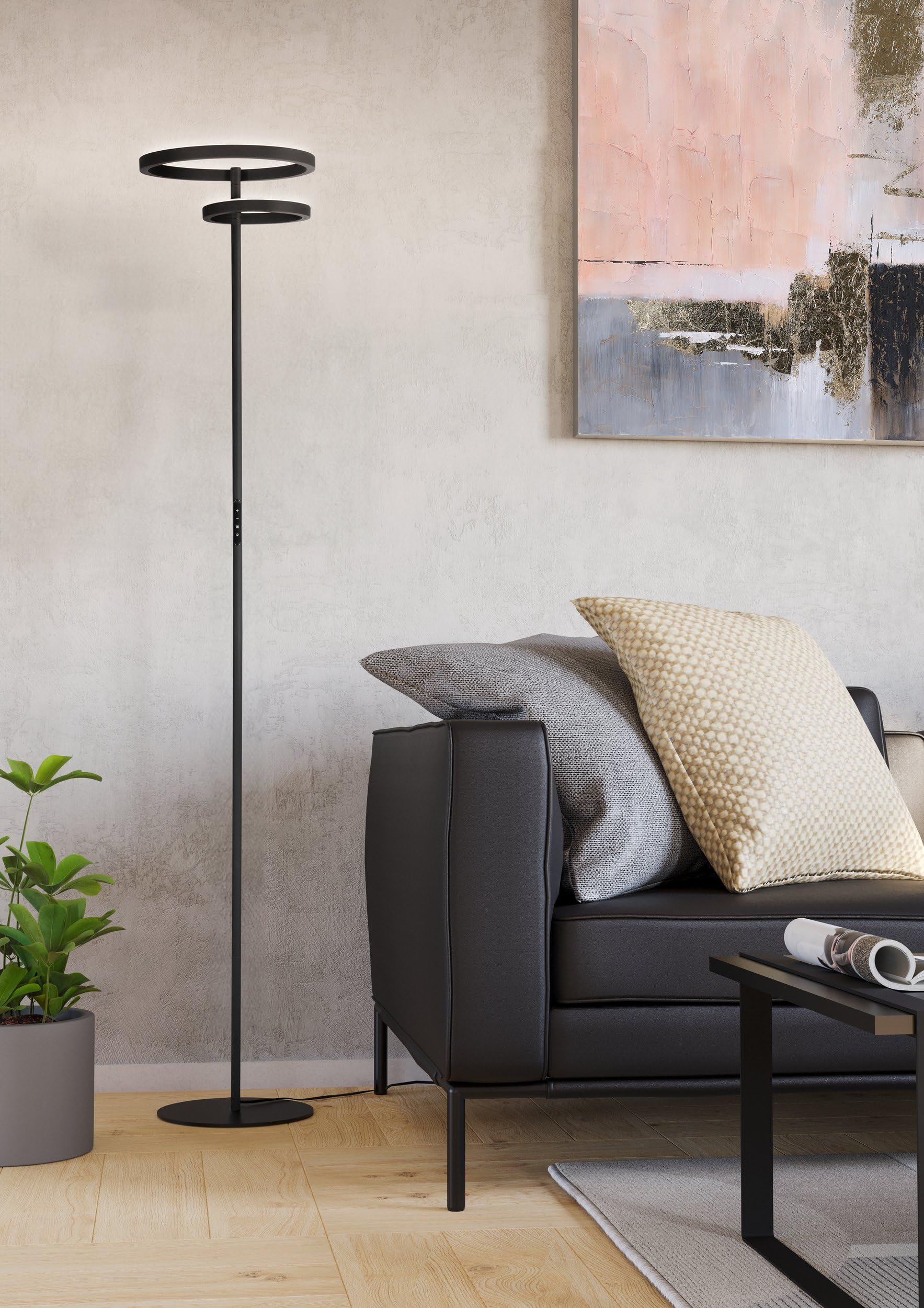 Eglo Lampadaire LED Castelpoto 1, lampe salon avec fonction tactile | luminaire sur pied dimmable éclairage haut et bas, métal noir mat, blanc chaud à froid, 180 cm