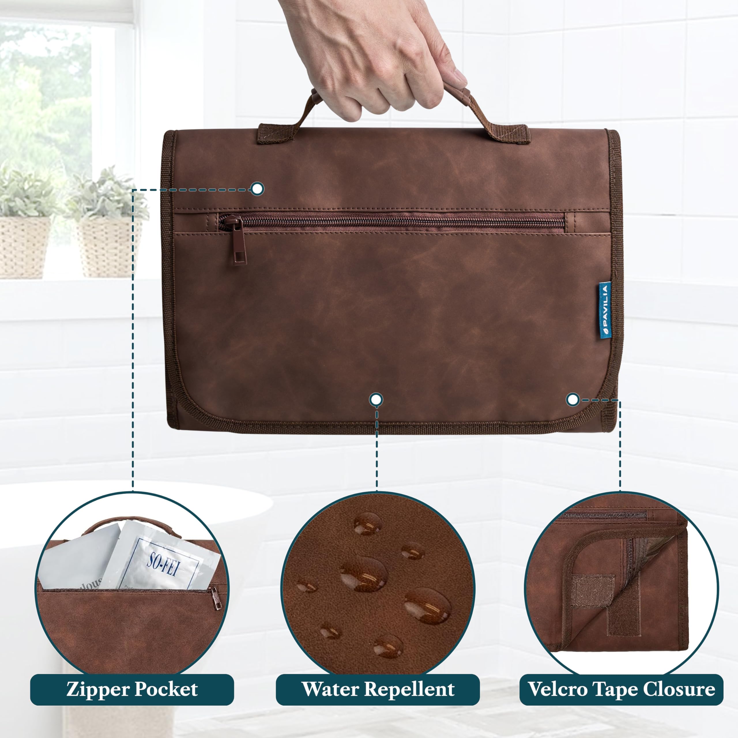 PAVILIA Kulturbeutel zum Aufhängen für Damen und Herren, groß, faltbar, mit Haken, wasserabweisend, Make-up-Kosmetiktasche, transparente Taschen für Badezimmer, Fitnessstudio, Kreuzfahrt, Braun, Large