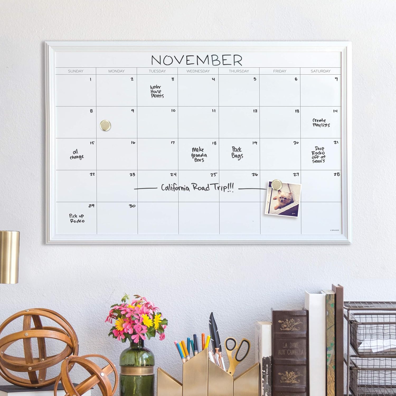 U Brands Magnetic Dry Erase Calendar Board, 20 x 30 Inches, White Wood Frame (2075U00-01) : Office Products