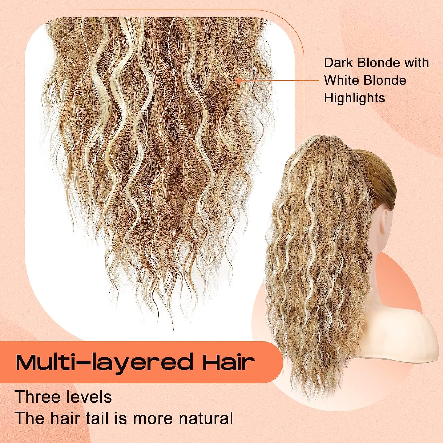 PORSMEER Ponytail Extension,Claw Clip Ponytail Hair Extensions Blonde Mix Light Brown Natural Looking Long Curly Wavy Multi Layered Fluffy Synthetic Hairpiece for Women Party Daily Wear 18inch - Image 2