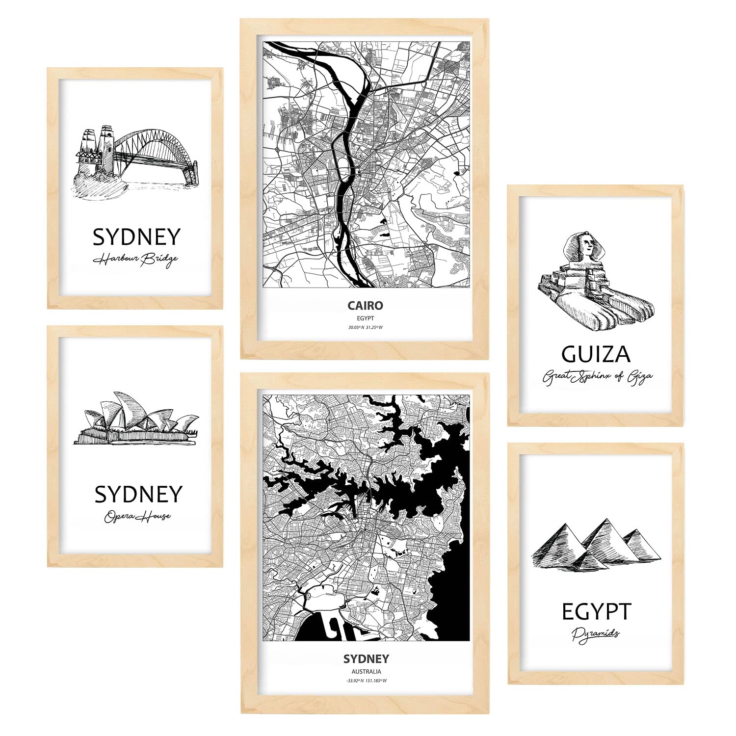 Nacnic Set of 6 posters Egypt and Sydney. Collection of posters in collage aesthetic for interior decoration. Sizes A3 and A4. Light wood frames.