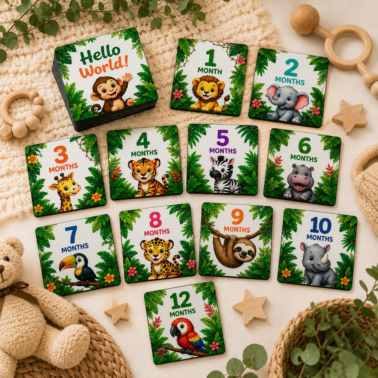 Set of 13 Jungle Safari Baby Milestone Cards MDF Printed Monthly Milestone Cards for Newborn Baby Photos Hello World & 1-12 Month Photo Props First Year Baby Gift American Elm-image-13