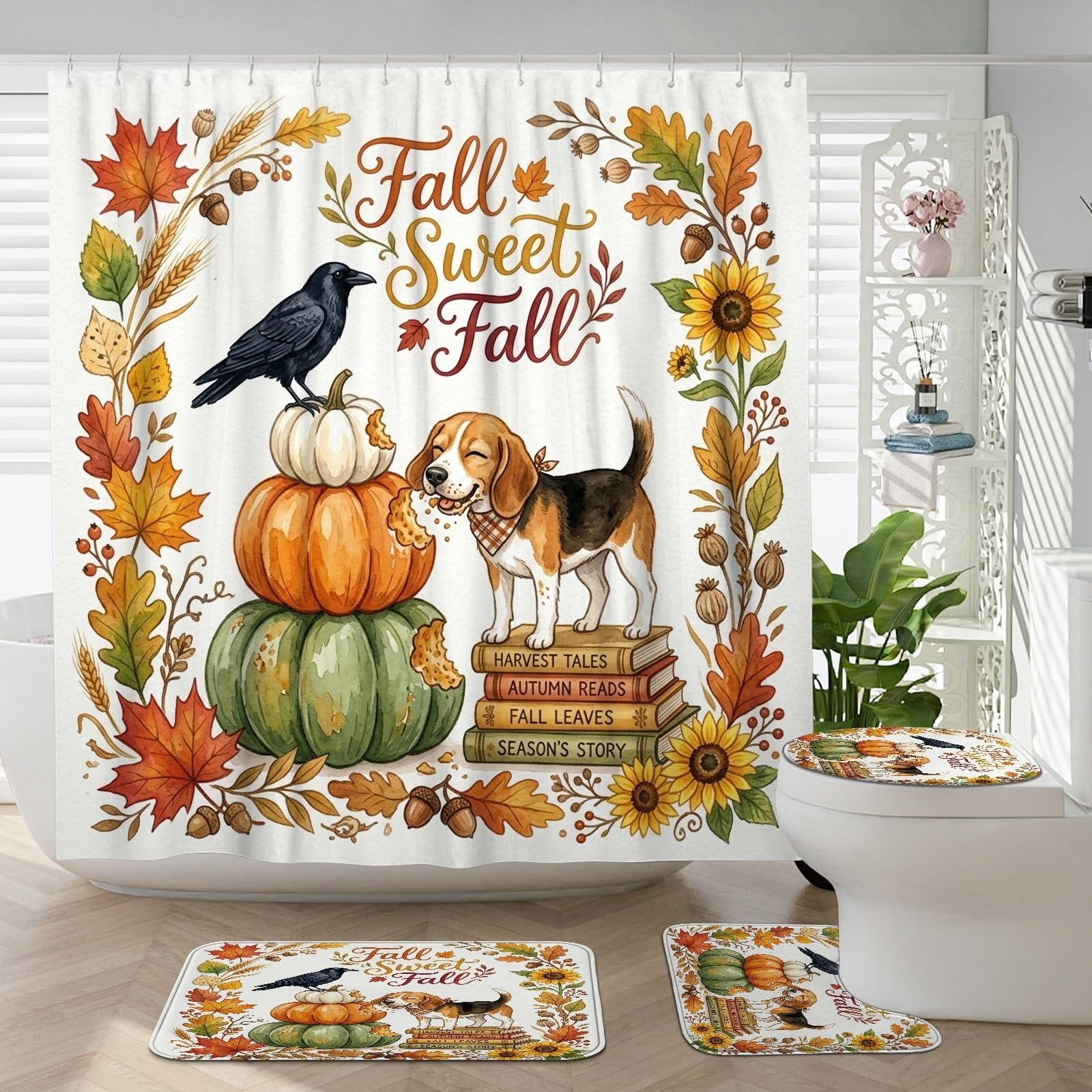 Rideaux de douche beagle d'automne 183x183 cm et ensemble de tapis de bain 4 pièces