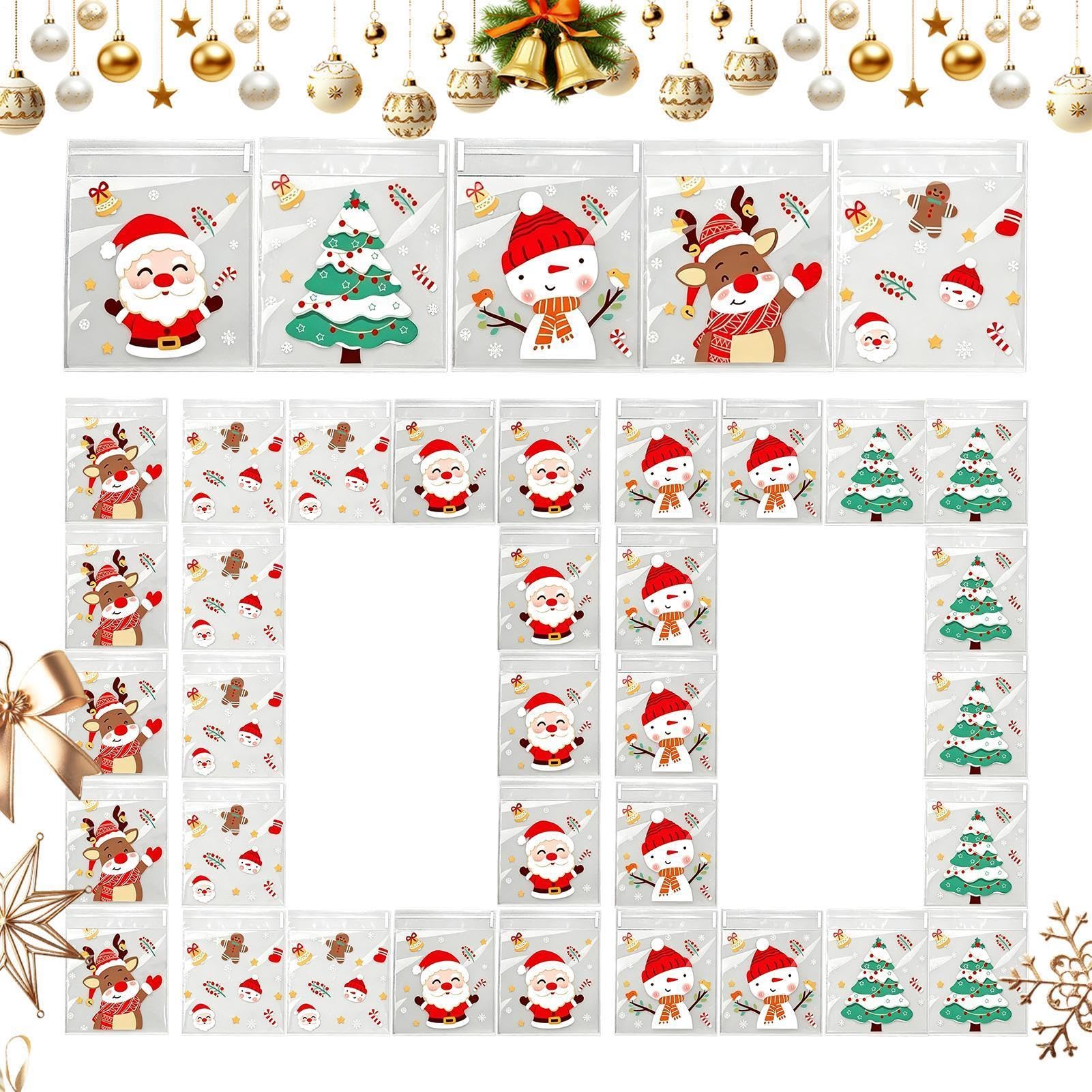 Weihnachtliche Geschenktüten, 10 x 10 cm, transparent, 100 Stück | Süßigkeiten-Geschenktüten mit Weihnachtsmann-Schneeflocken-Motiv, für Bäckerei, Party, Kekse, Lutscher, Schokolade