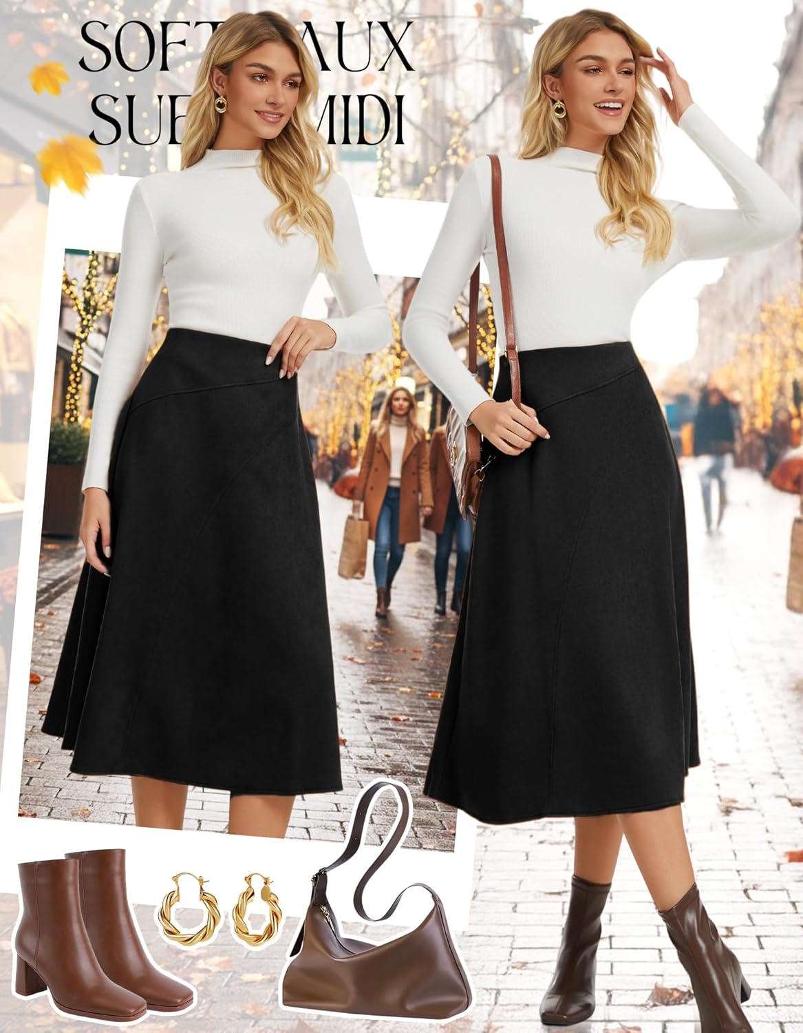 Women Faux Suede Midi Skirt High Waist A Line Skirt 2025 Trendy Fall Winter Dressy Causal Outfits - Image 5