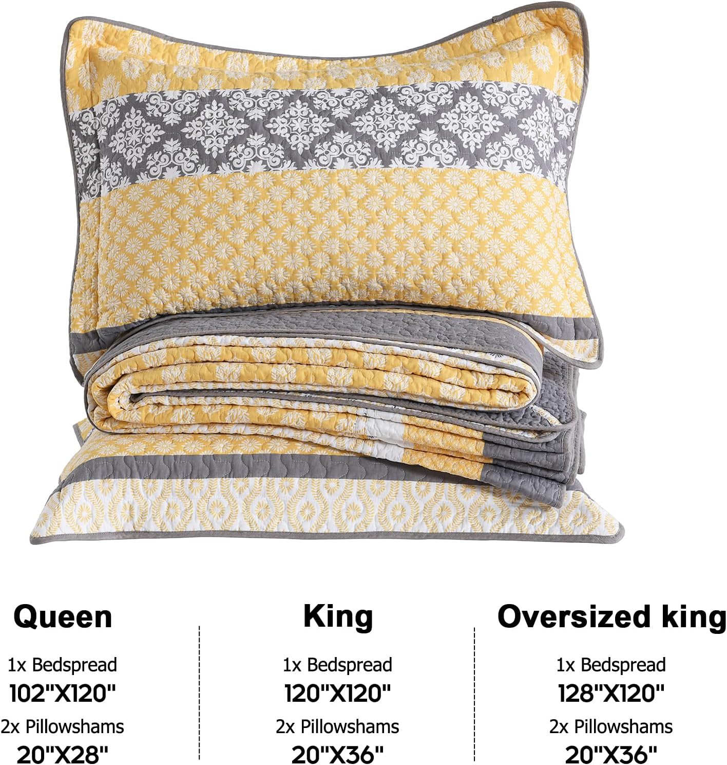 Finlonte 100% Cotton 102"x120" Oversized Queen Bedspread, Queen Size Quilted Bedspread Coverlet Extra Large Quilt Set, Floral Farmhouse XL Bed Spread Lightweight Comforter, Yellow/Gray/White, 3 pcs