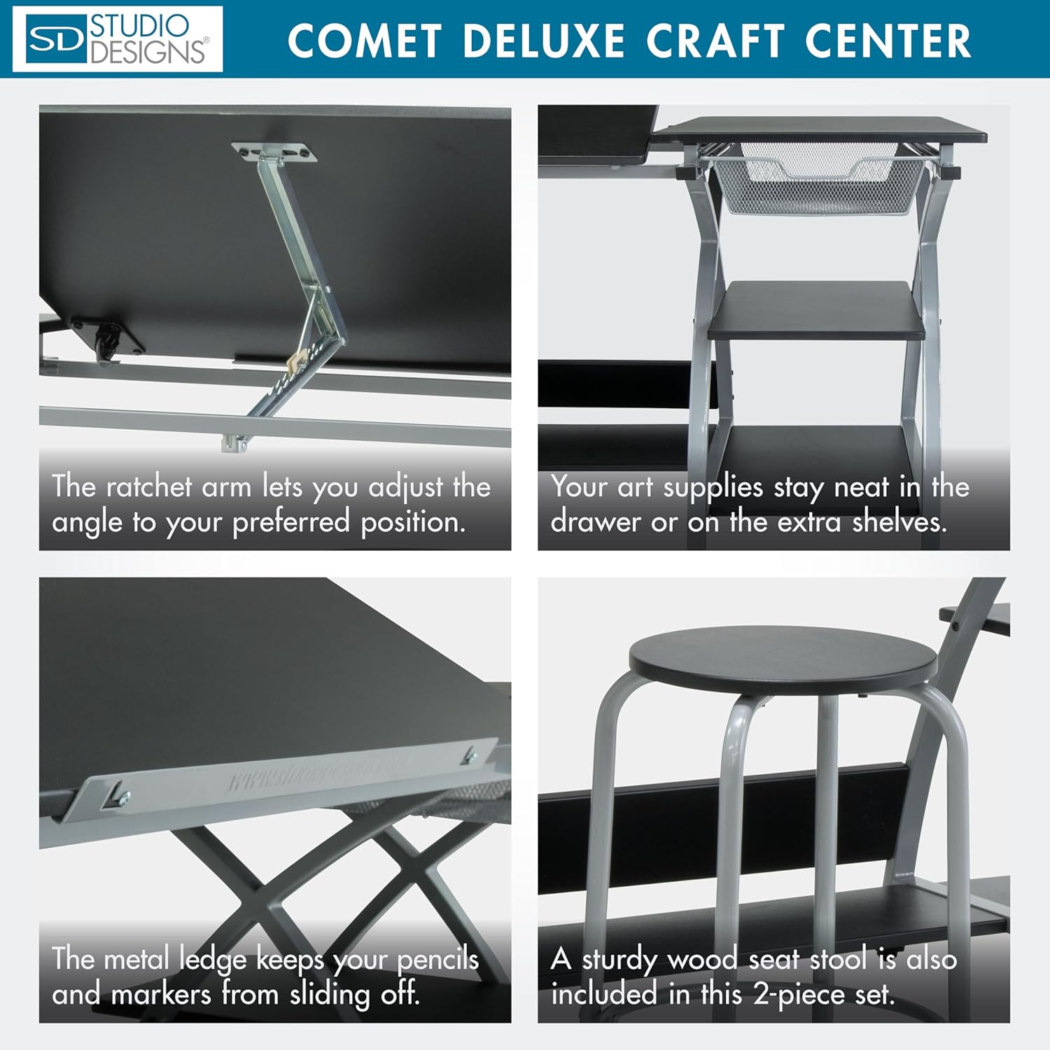 Deluxe Comet Craft Station with Stool, Adjustable Drafting & Art Desk with Storage Shelves, Pencil Ledge, Wire Mesh Drawer, 45° Tilting Top, Steel Frame, Silver/Black