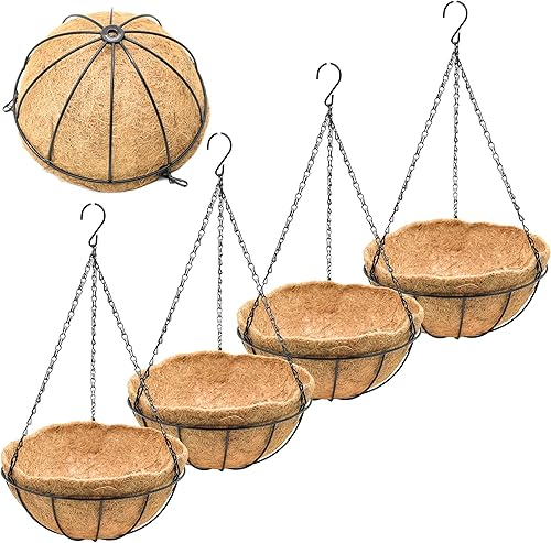 Paquete de 4 cestas colgantes de 8 pulgadas para plantas al aire libre, macetas colgantes de metal con forro de fibra de coco, cadena de alambre