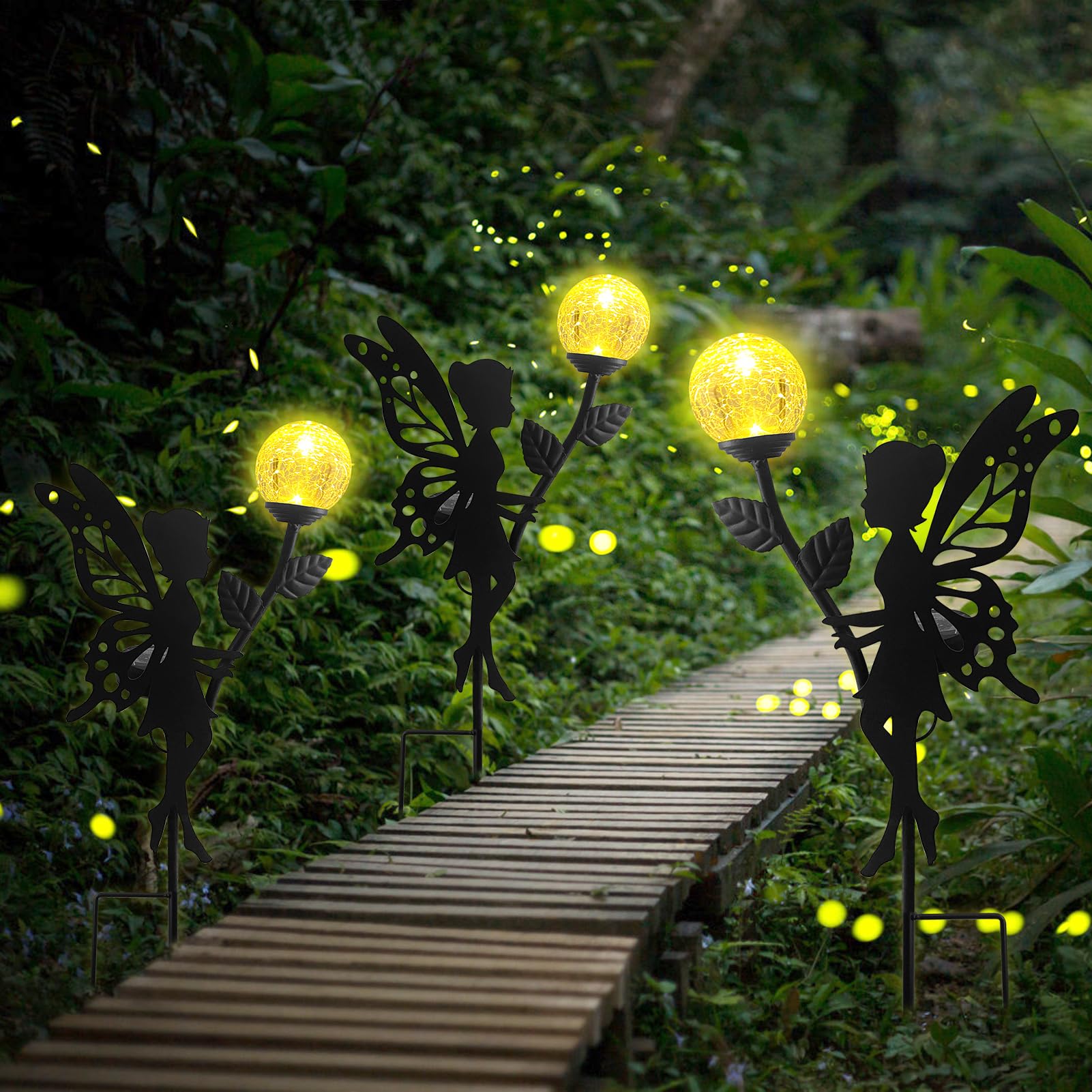 2 Stück Solarleuchten Garten im Freien, Solarlampen für Außen, Elfe/Blumenfee Wasserdichte Solarleuchte, LED Glaskugel Gartenleuchte, Metall Blumenfee Terrasse Gartendeko