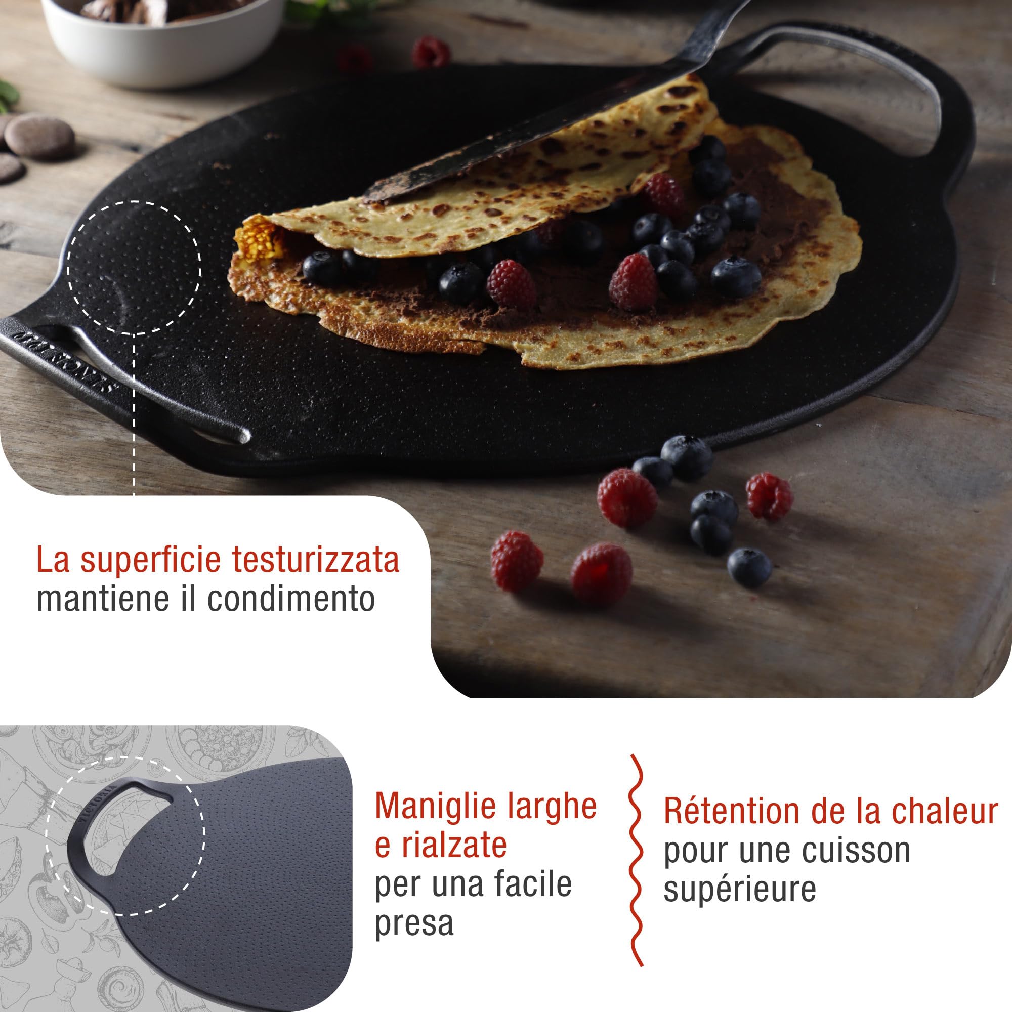 Victoria Teglia per Pizza Ghisa Stagionata, Induzione Piastra per Grigliare 38cm con Manici per Fuoco, Barbecue, Forno, Vetroceramica, Gas, Comal, Antiaderenza Priva di Sostanze Tossiche e senza PTFE