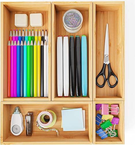 Juego de organizador de cajones de bambú, 5 bandejas de almacenamiento de madera para cocina, baño, oficina, maquillaje