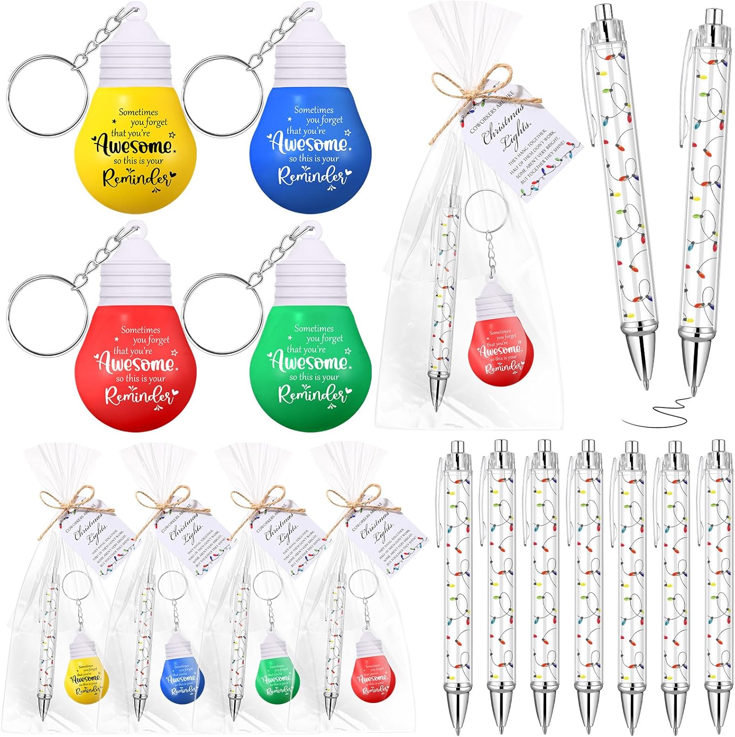 Landical 20 Sets Christmas Coworkers Gifts Employee Appreciation Gifts Bulk Light Bulb Stress Ball Keychains Bulb Pens Thank You Cards with Bags for Staff Team Colleagues Nurse Teacher (Awesome)