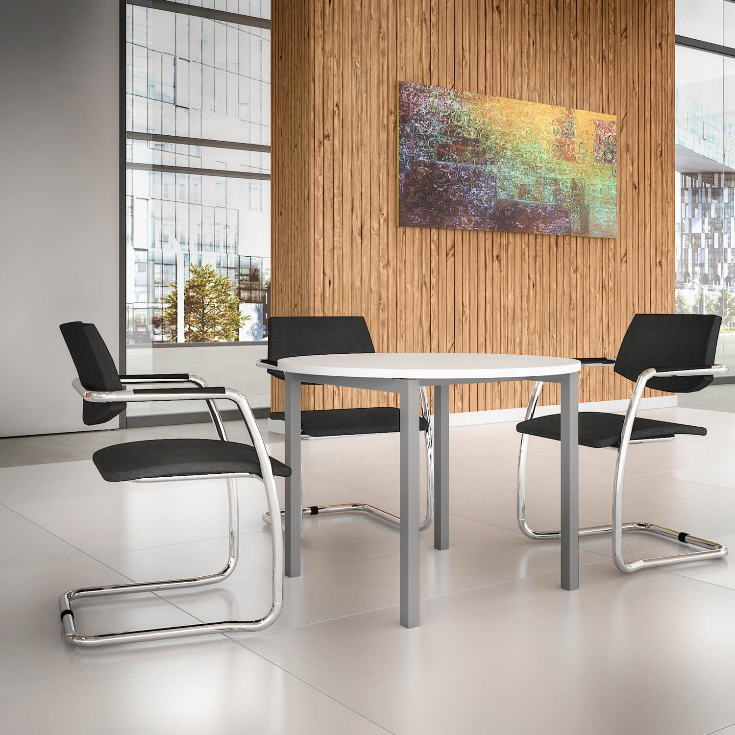 Weber Büro Optima Runder Besprechungstisch – 80 Cm, Bernstein-Eiche, Silbernes Gestell