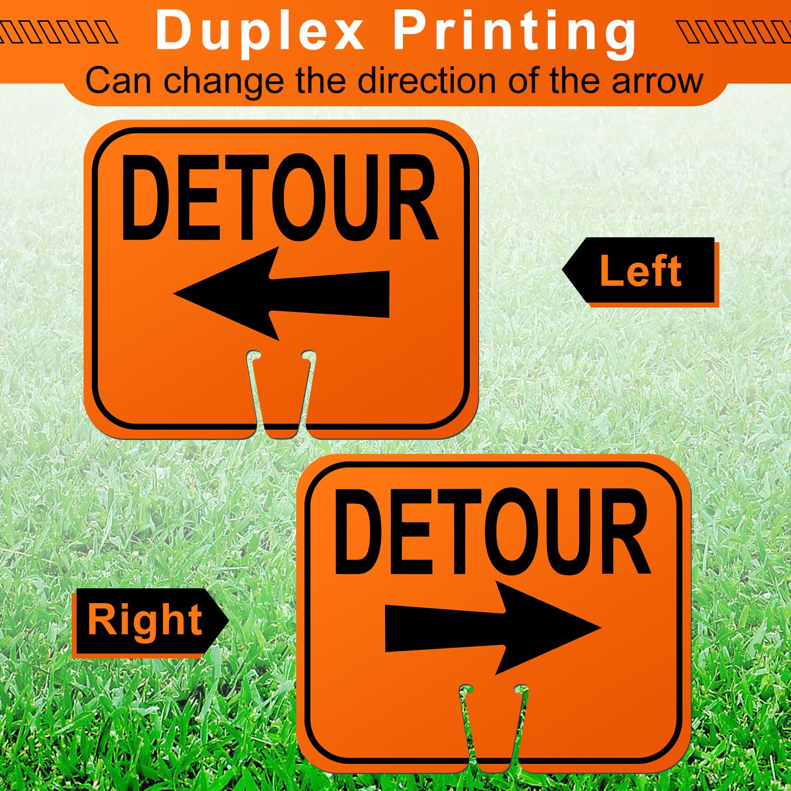 Geetery 6 Pcs Traffic Cone Arrow Signs 10.4"x 12.6" Reversible Orange Road Signs Bulk Road Closed Cone Top Traffic Warning Directional Left Right Arrows Sign for Outdoor Construction (Detour) — Amazon image 3
